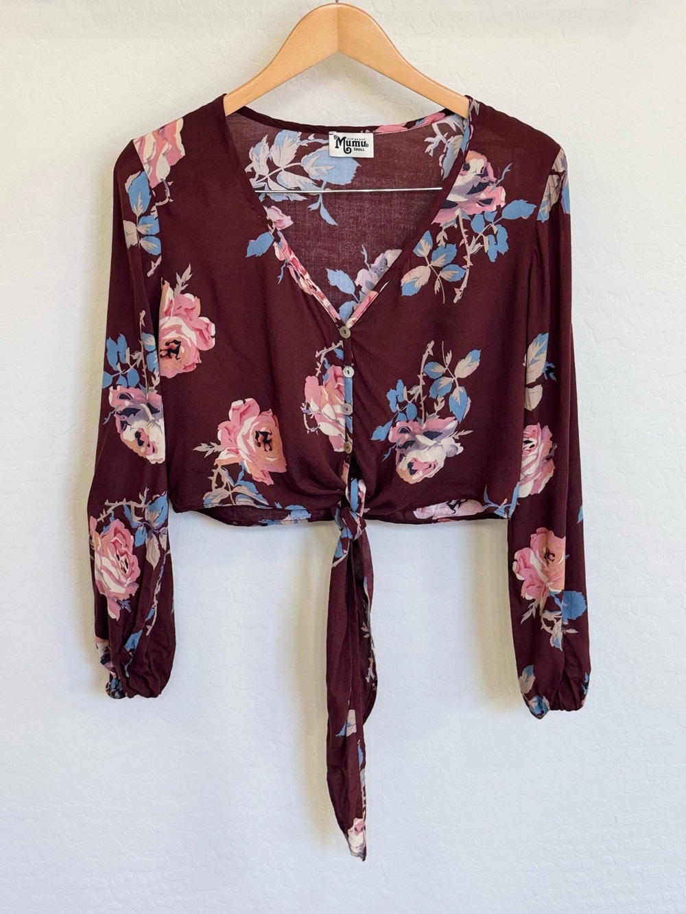 Show Me Your Mumu Tatum Tie Top Burgundy Floral Crop Long Sleeve Size Small